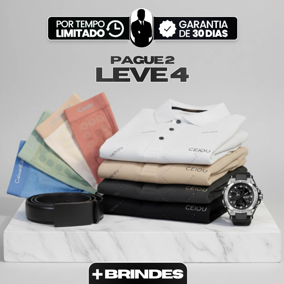 [Leve 4, Pague Só 2] Camisa Polo Masculina Ravelli Manga Longa em Poliéster com Forro Térmico Flanelado + BRINDES: 4 Cuecas, Relógio e Cinto