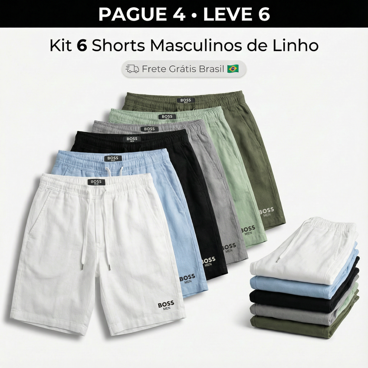 Kit de 6 Shorts Masculino de Linho Premium- Pague 4 Leve 6
